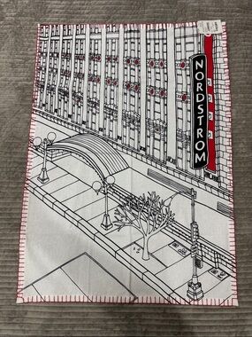 Nordstrom White Tea Towel with Black Cityscape and Red Accents
